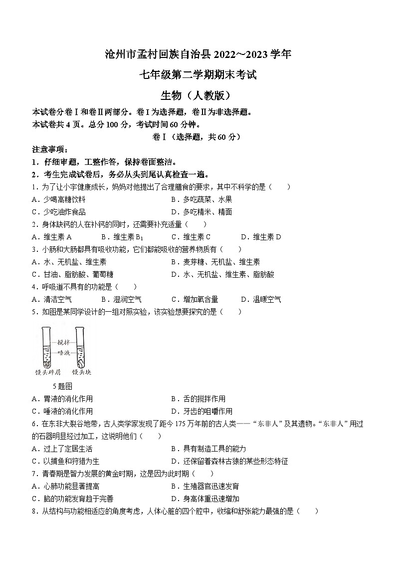 河北省沧州市孟村回族自治县2022-2023学年七年级下学期期末生物试题（含答案）01