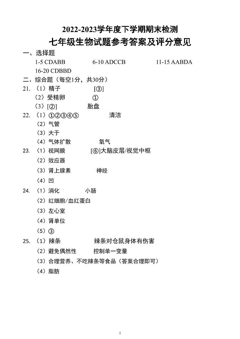 江西省赣州市大余县2022-2023年七年级下学期期末检测生物试卷（图片版含答案）01