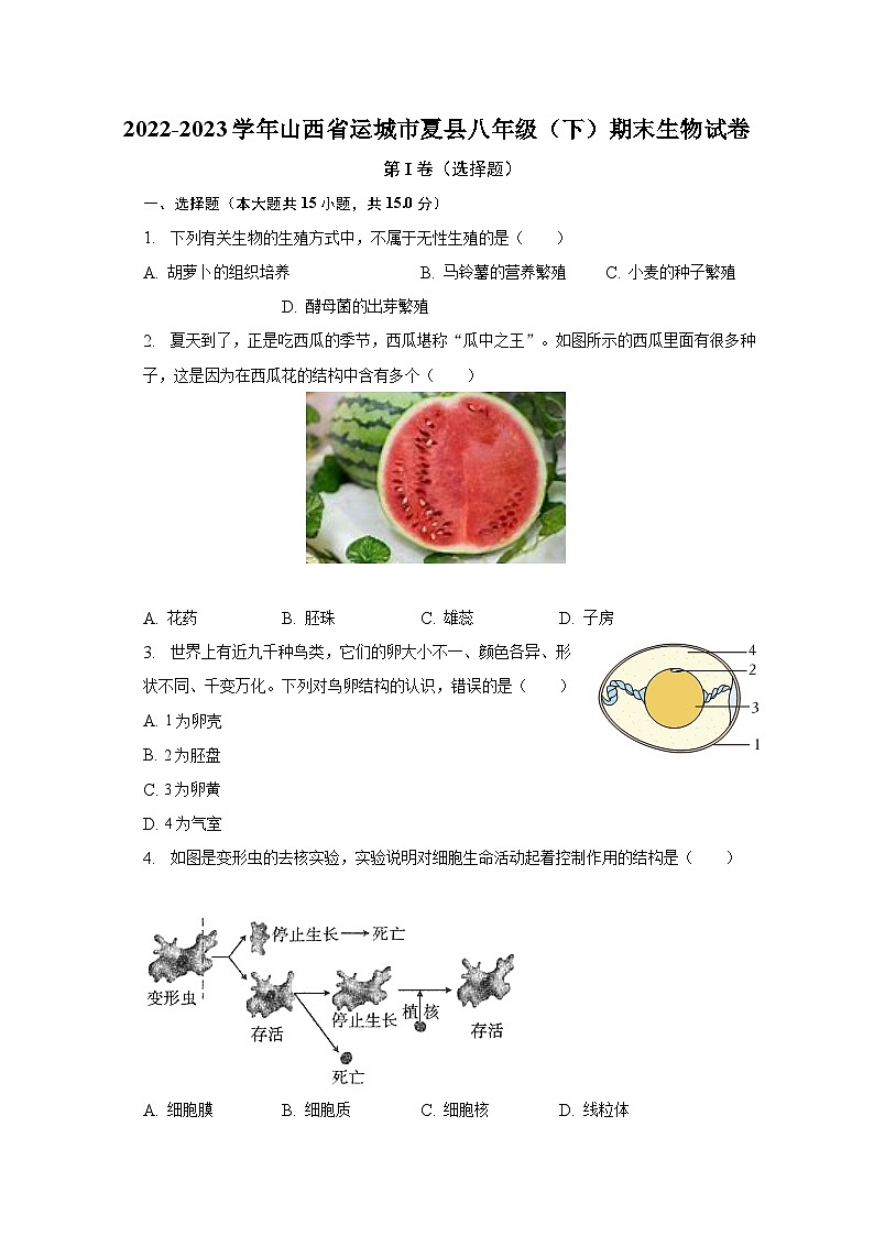 2022-2023学年山西省运城市夏县八年级（下）期末生物试卷（含解析）第1页