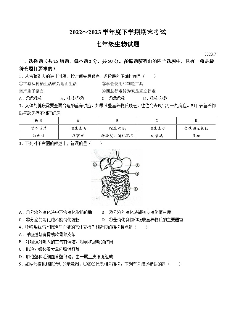 山东省临沂市临沭县2022-2023学年七年级下学期期末生物试题（含答案）01