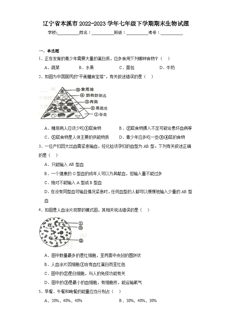 辽宁省本溪市2022-2023学年七年级下学期期末生物试题（含答案）01