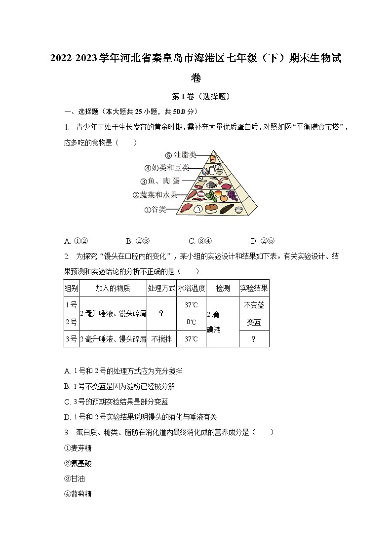 2022-2023学年河北省秦皇岛市海港区七年级（下）期末生物试卷（含解析）第1页