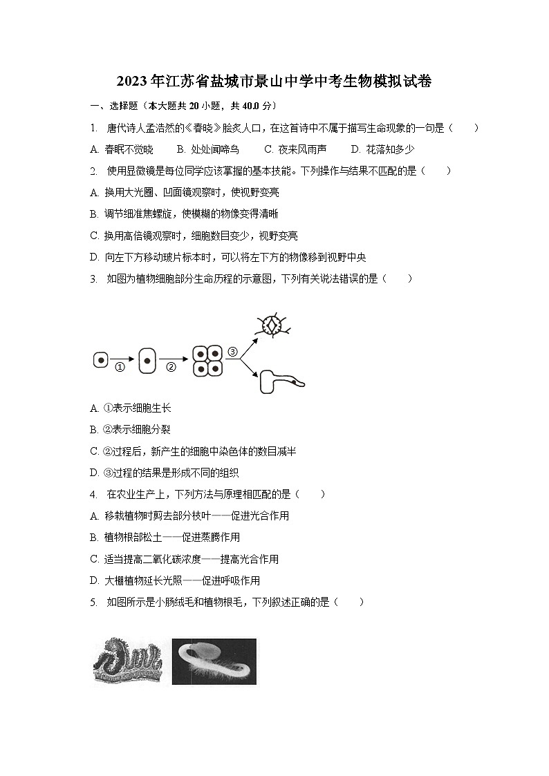 2023年江苏省盐城市景山中学中考生物模拟试卷（含解析）01