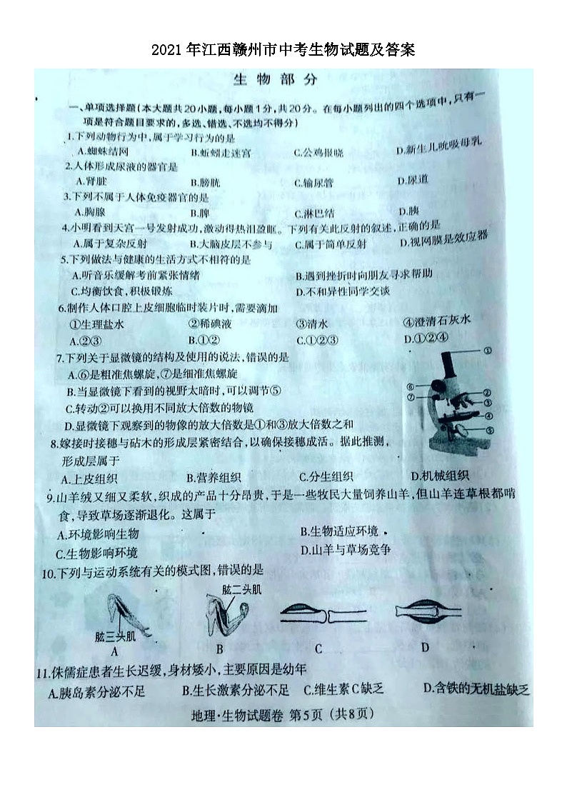 _2021年江西赣州市中考生物试题及答案01