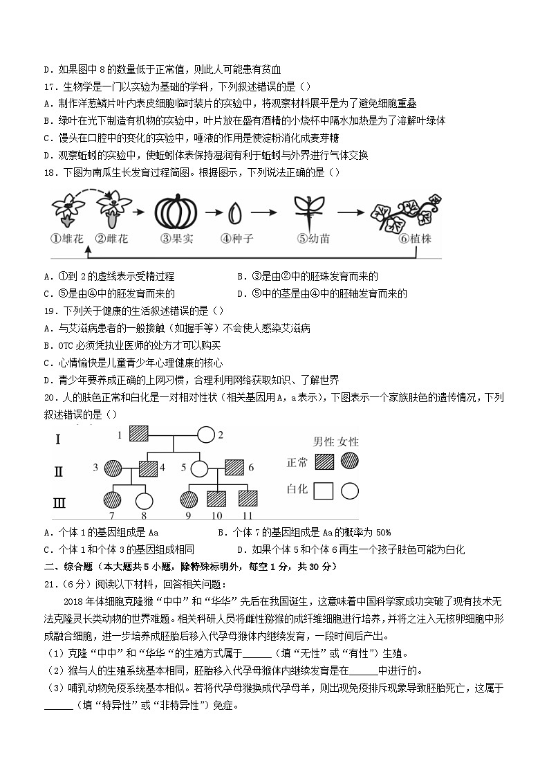 _2021年江西新余市中考生物试题及答案第3页