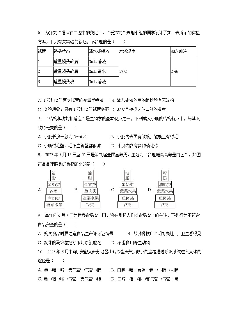 2022-2023学年安徽省安庆市桐城市七年级（下）期末生物试卷（含解析）第2页