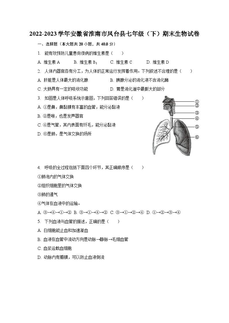 安徽省淮南市凤台县2022-2023学年七年级下期末生物试卷（含答案）01