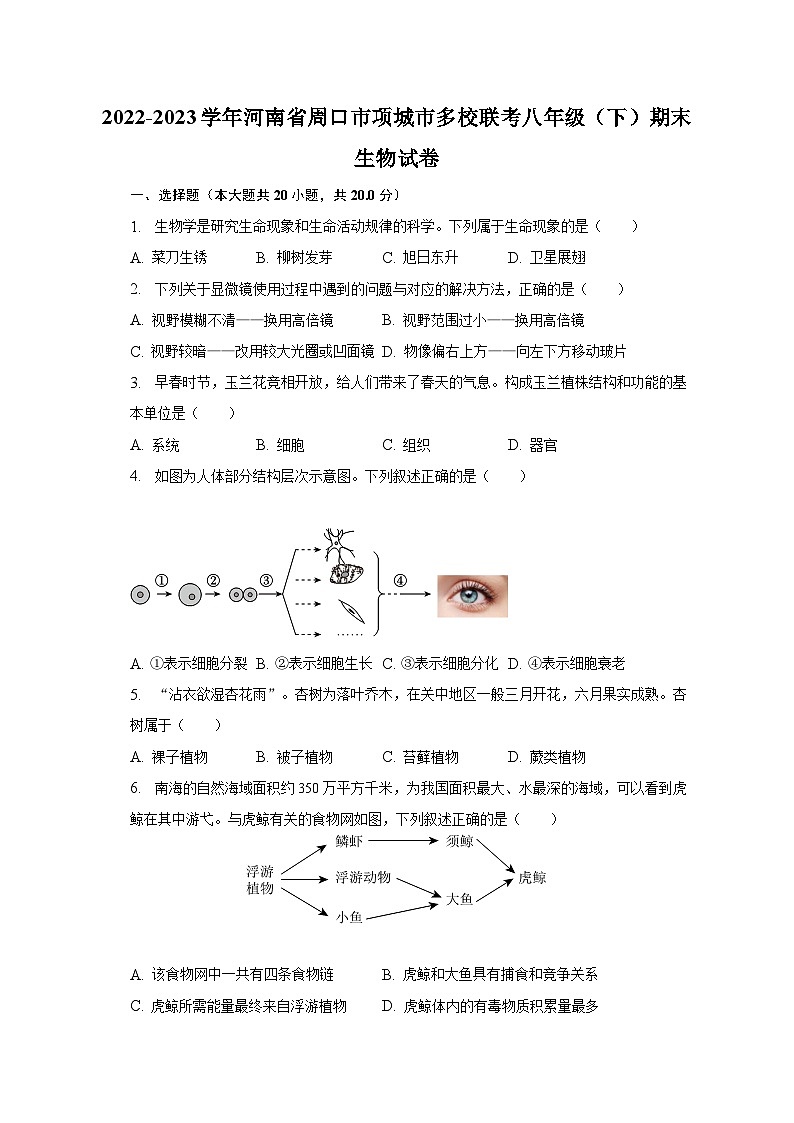 2022-2023学年河南省周口市项城市多校联考八年级（下）期末生物试卷（含解析）第1页