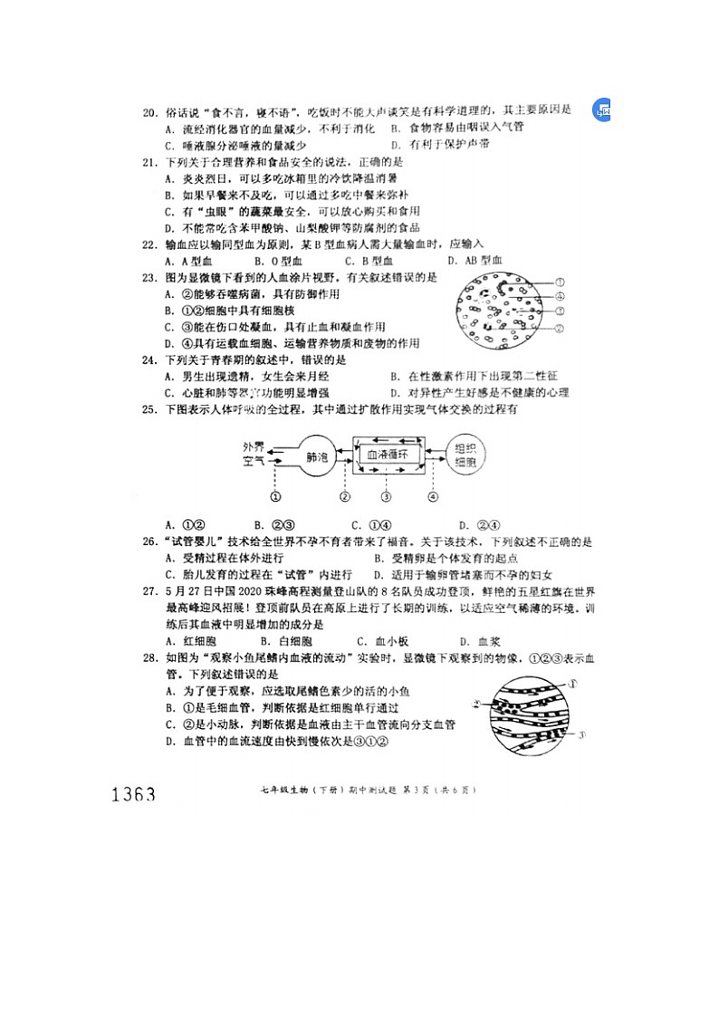 海南省文昌市2022-2023学年七年级下学期期中检测生物试题第3页