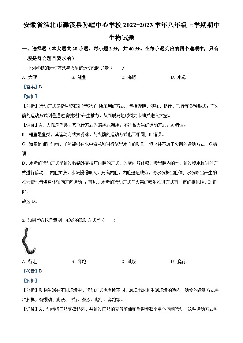 精品解析：安徽省淮北市濉溪县孙疃中心学校2022-2023学年八年级上学期期中生物试题（解析版）第1页