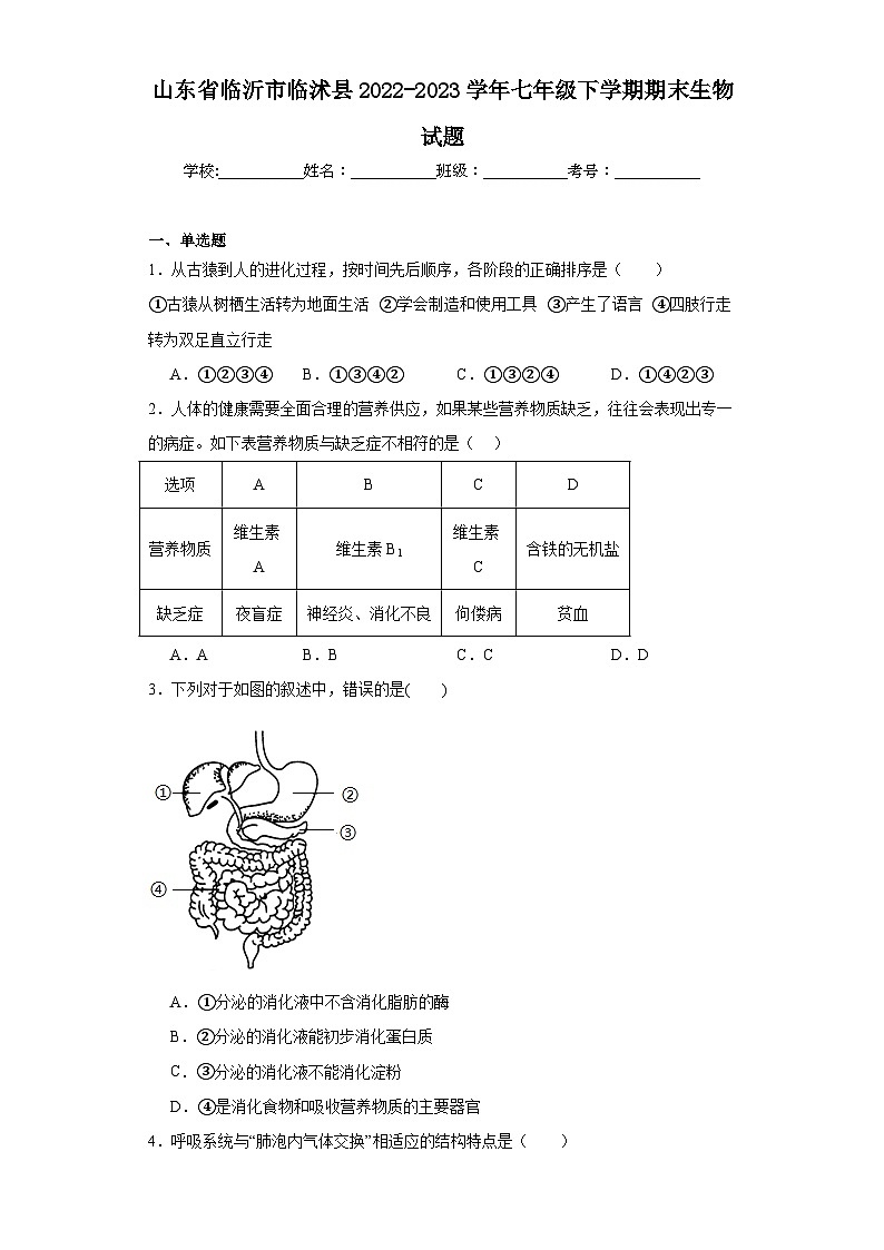 山东省临沂市临沭县2022-2023学年七年级下学期期末生物试题（含答案）第1页