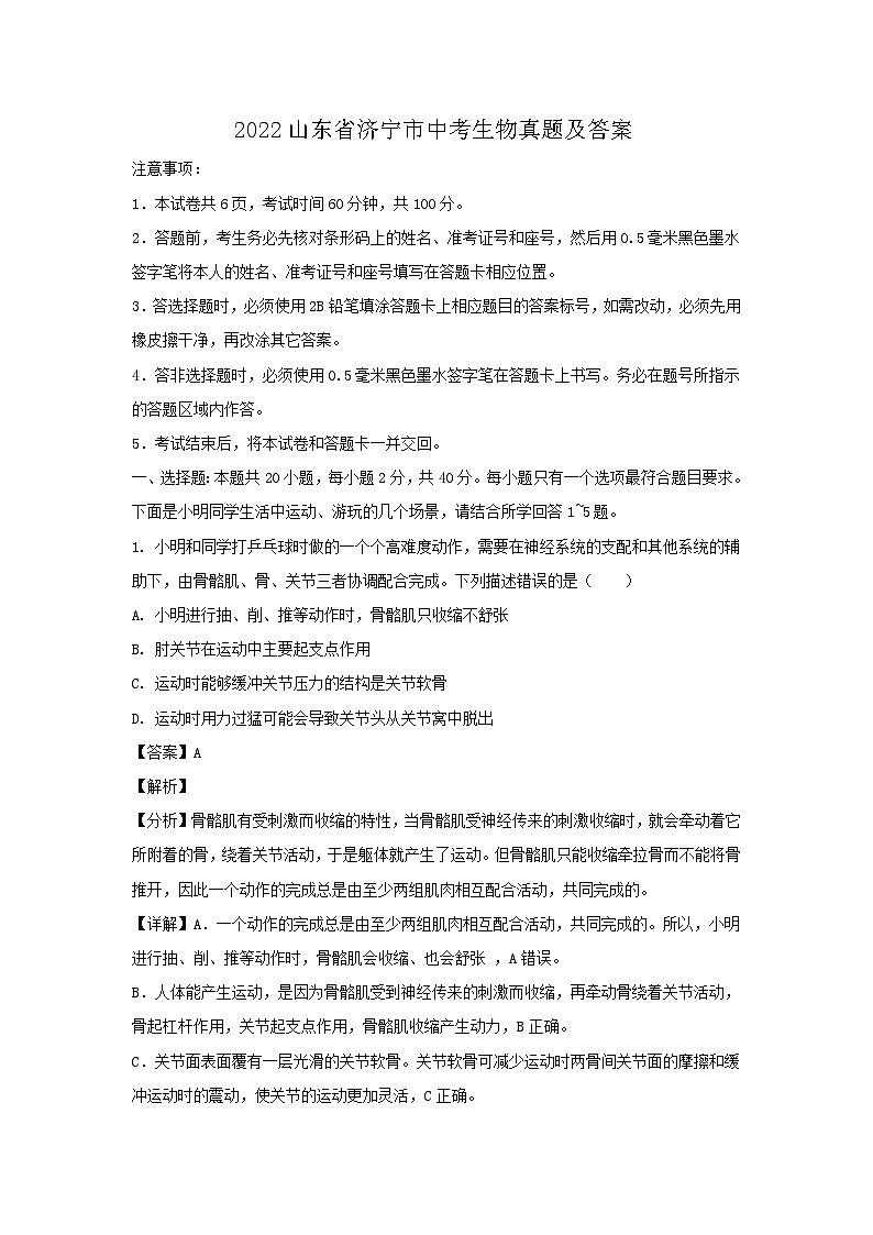 _2022山东省济宁市中考生物真题及答案01