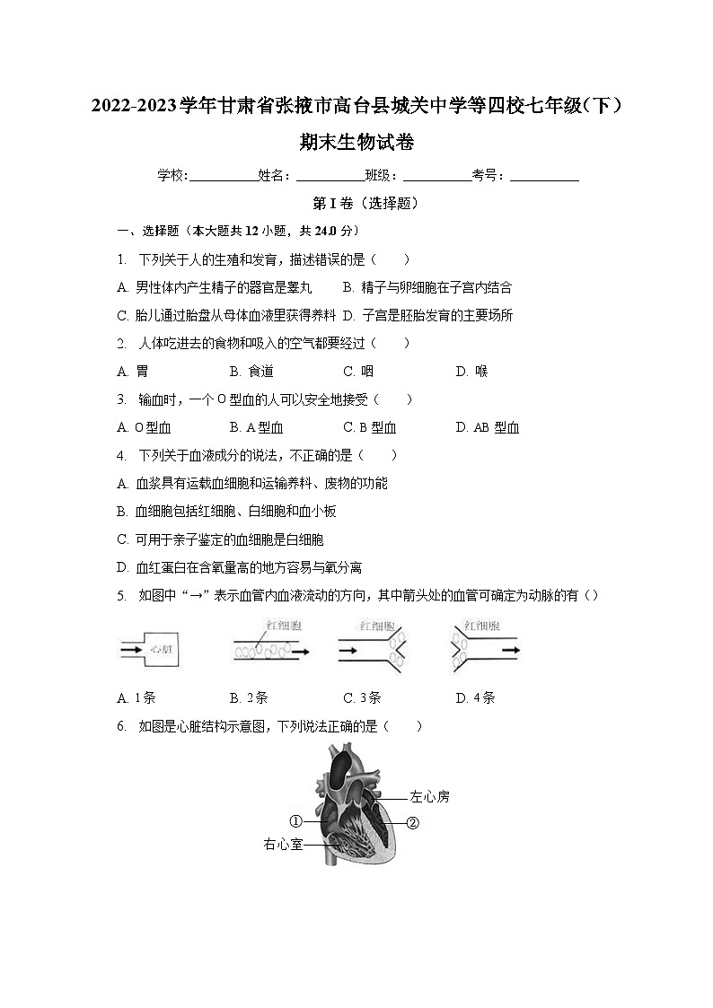 甘肃省张掖市高台县城关中学等四校2022-2023学年七年级下学期期末生物试卷（含答案）第1页