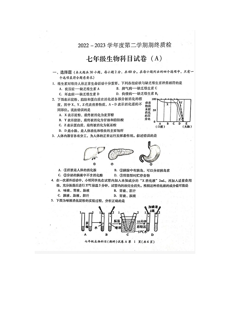 广东省揭阳市榕城区2022-2023学年七年级下学期期末考试生物试题（图片版含答案）第1页