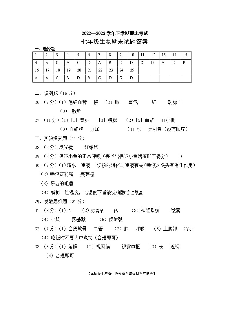黑龙江省宁安市2022-2023学年七年级下学期期末学业水测试生物试卷（含答案）01