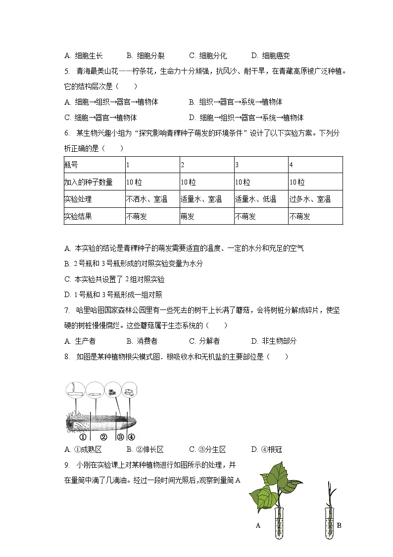 青海省海东市2022-2023学年七年级下学期期末生物试卷（含答案）第2页