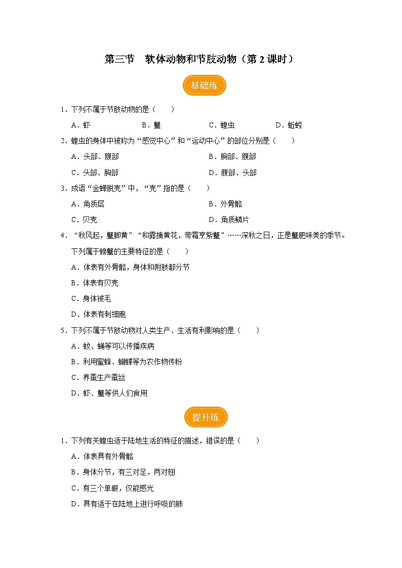 人教版八上生物  5.1.3 软体动物和节肢动物（第2课时）课件+教案+分层练习+学案01