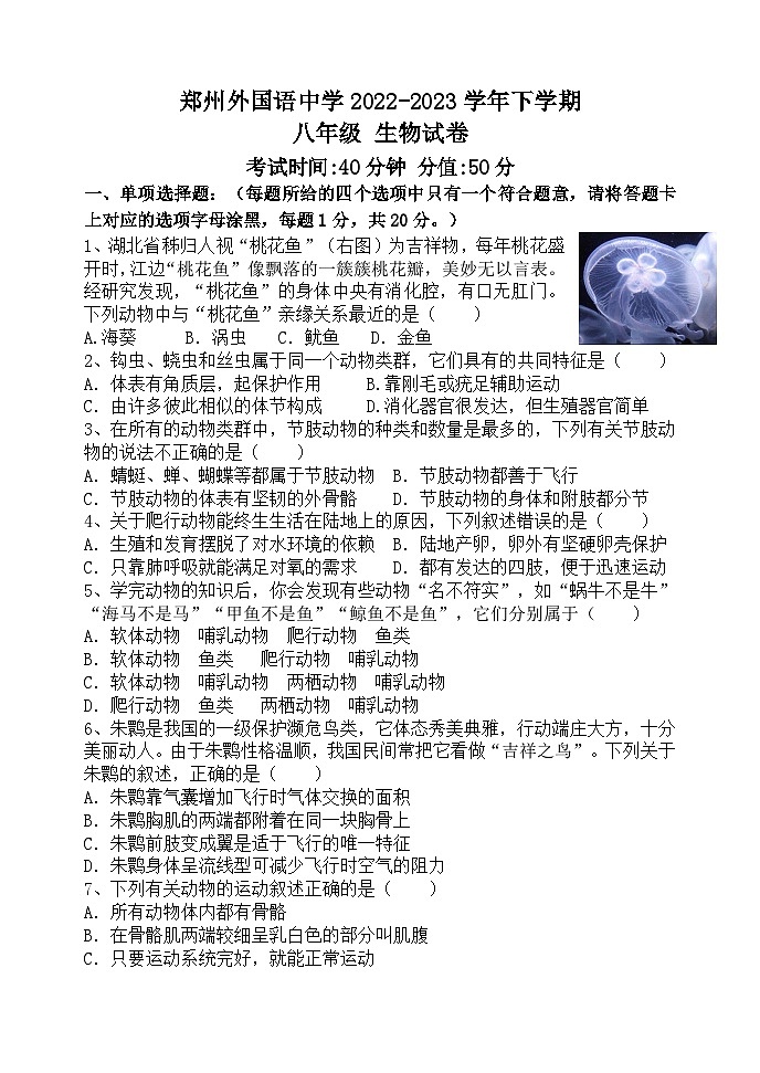 河南省郑州市外国语中学2022-2023学年八年级下学期期末生物试卷01