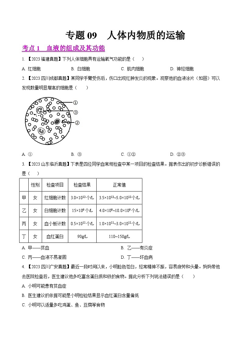 专题09  人体内物质的运输（全国通用）（原卷版）第1页
