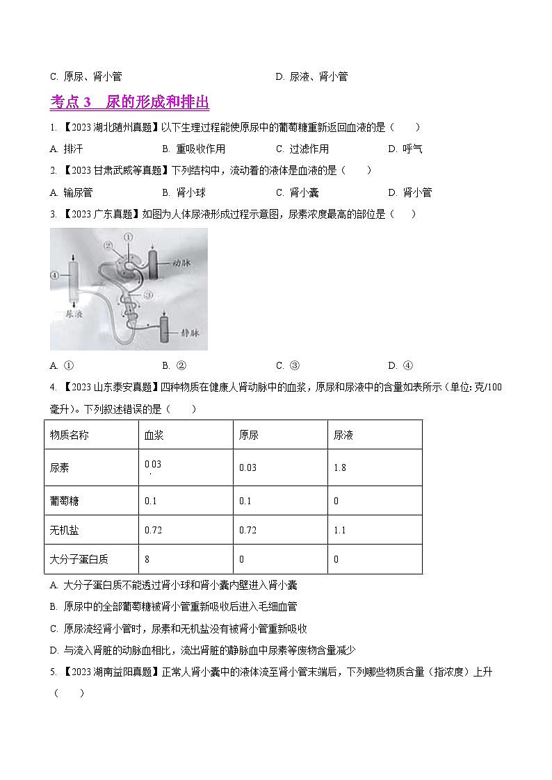 专题10  人体内废物的排出（全国通用）（原卷版）第3页