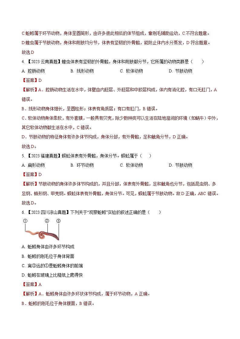 2023年全国生物中考真题试题分类汇编——专题13  植物、动物和微生物类群（全国通用）02