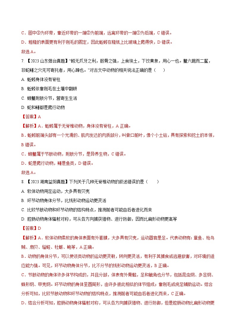 2023年全国生物中考真题试题分类汇编——专题13  植物、动物和微生物类群（全国通用）03