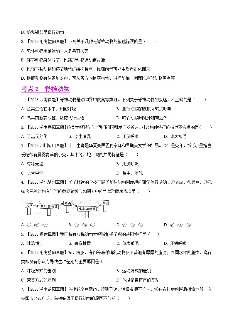 2023年全国生物中考真题试题分类汇编——专题13  植物、动物和微生物类群（全国通用）02