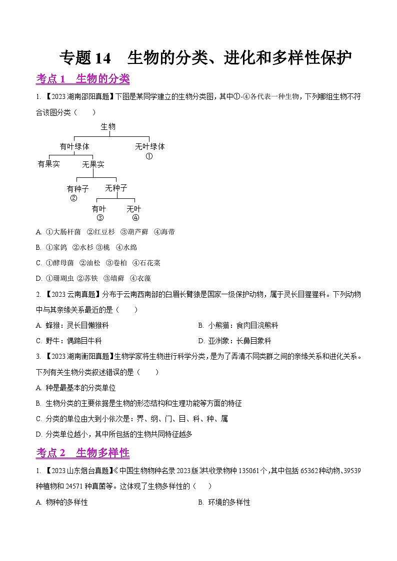 2023年全国生物中考真题试题分类汇编——专题14  生物的分类、进化和多样性保护（全国通用）01