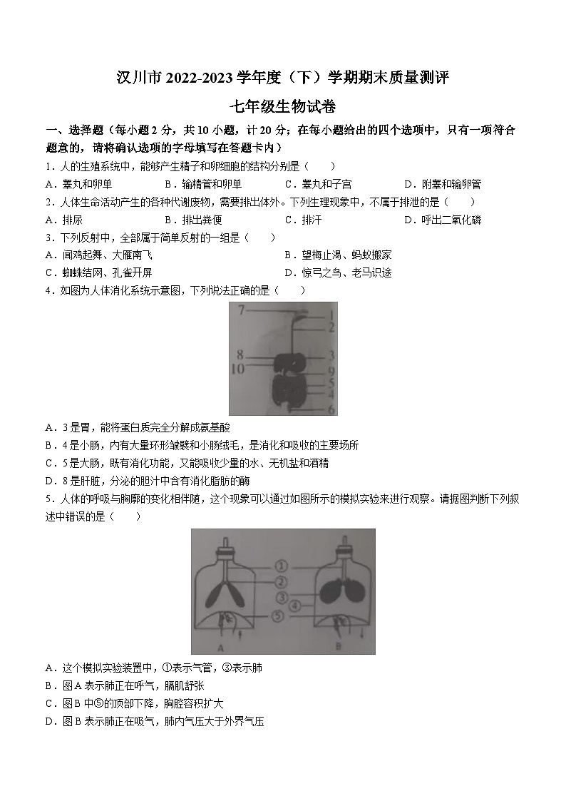 湖北省孝感市汉川市2022-2023学年七年级下学期期末生物试题（含答案）01