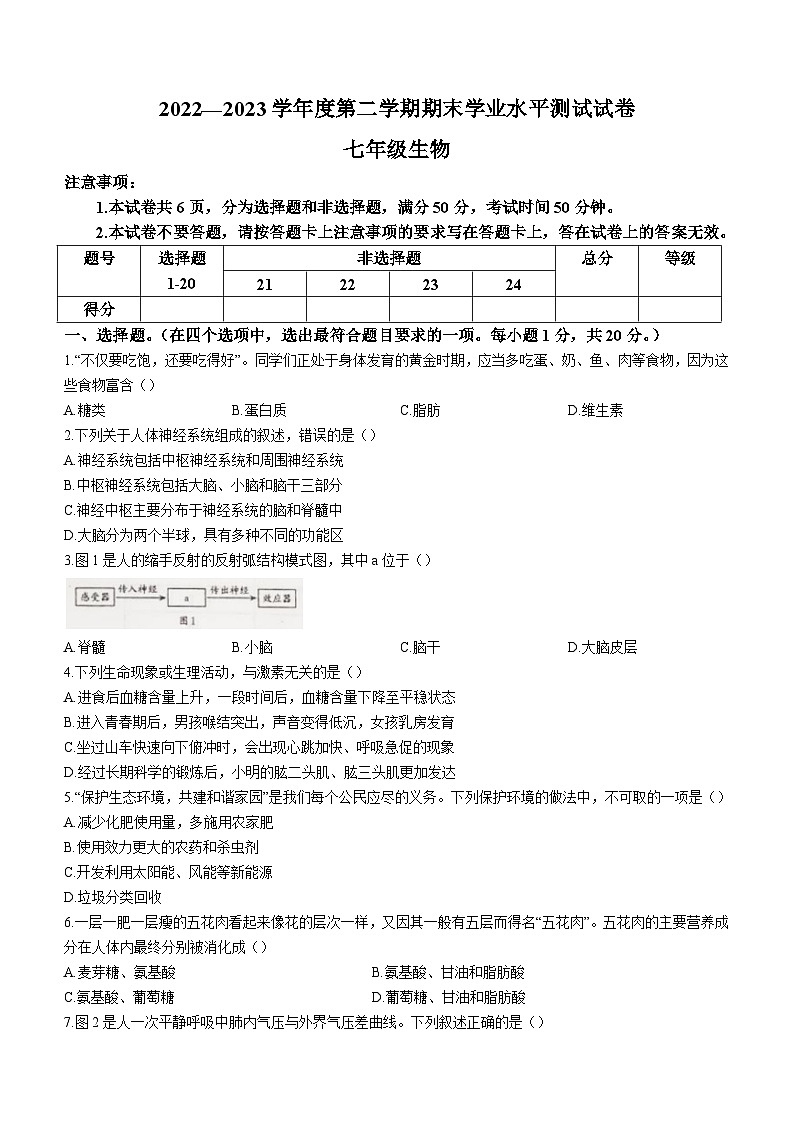 河南省驻马店市遂平县2022-2023学年七年级下学期期末生物试题（含答案）第1页