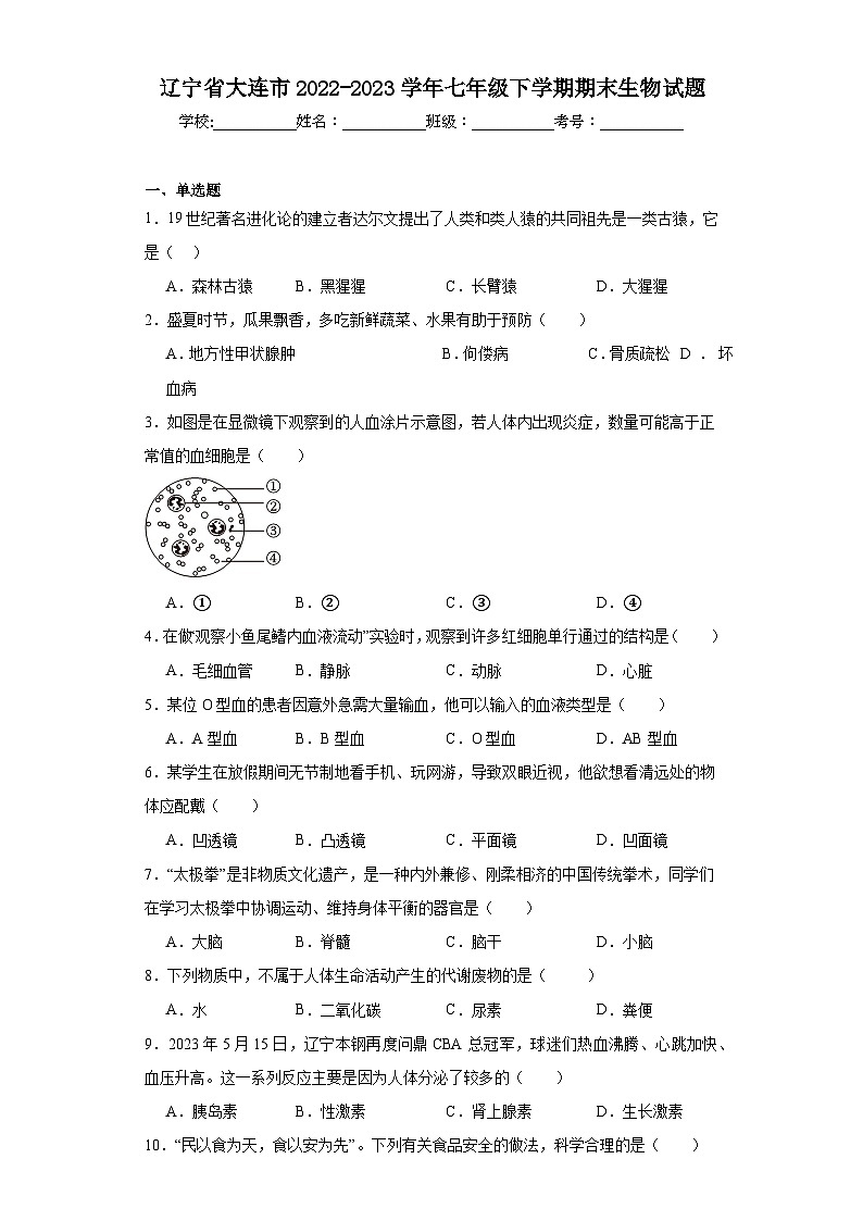 辽宁省大连市2022-2023学年七年级下学期期末生物试题（含答案）01