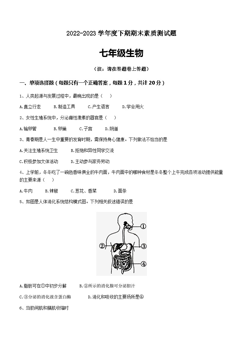 河南省驻马店市汝南县2022-2023学年七年级下学期期末生物试题（含答案）01
