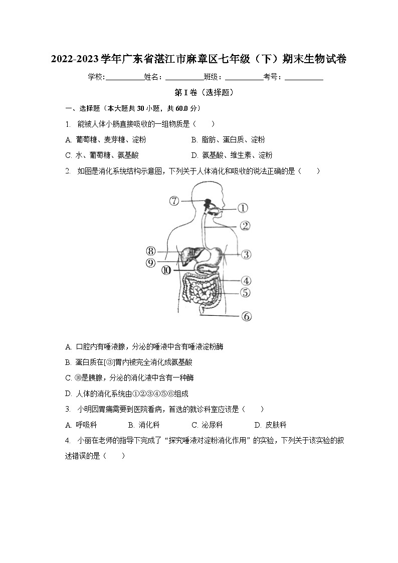 广东省湛江市麻章区2022-2023学年七年级下学期期末生物试卷（含答案）01
