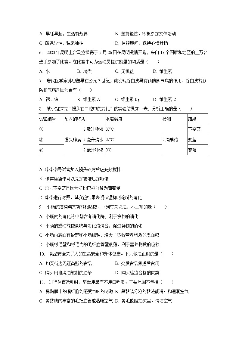 云南省昆明市盘龙区2022-2023学年七年级下学期期末生物试卷（含答案）第2页