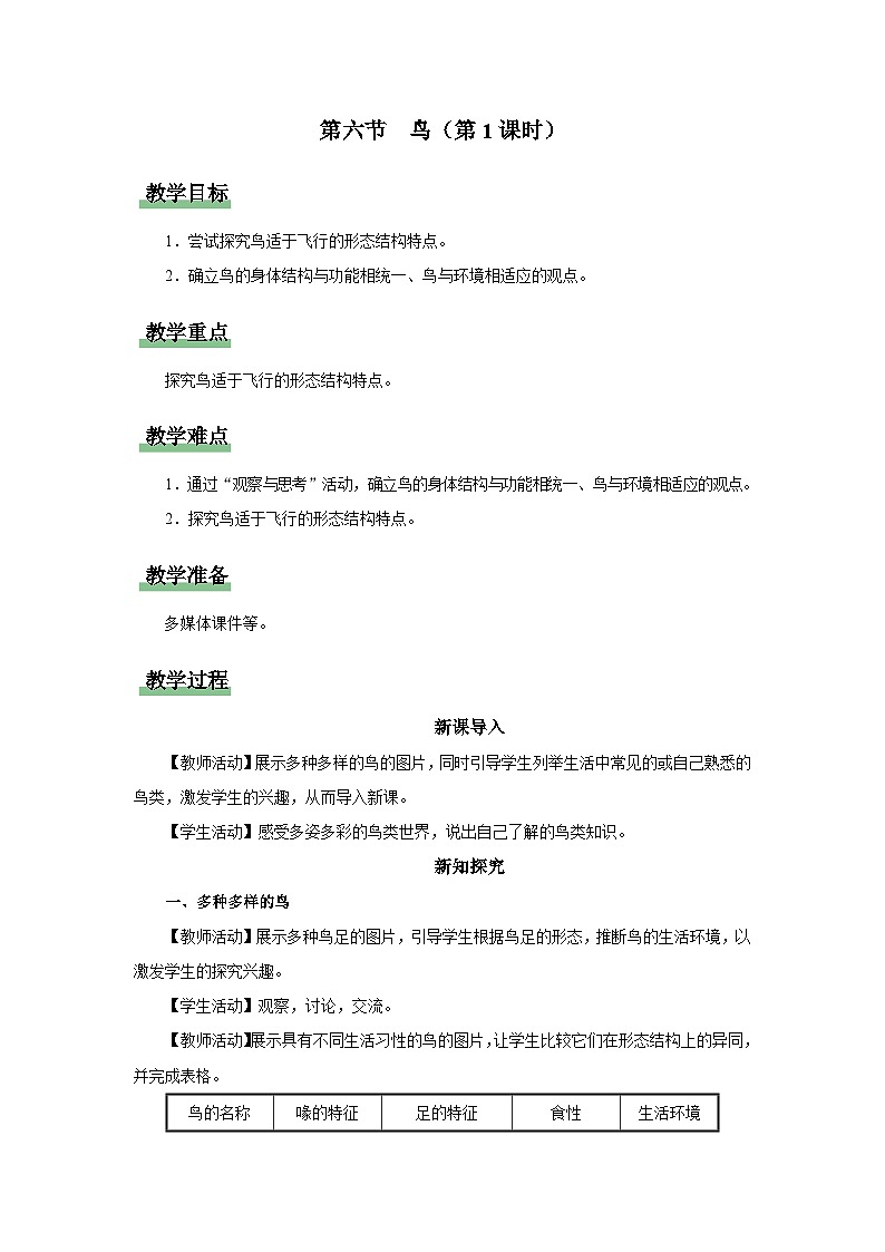 人教版八上生物  5.1.6 鸟（第1课时）课件+教案+分层练习+学案01