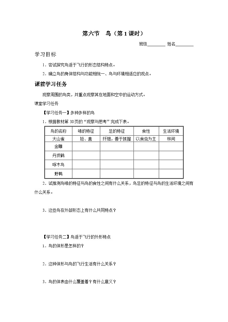 人教版八上生物  5.1.6 鸟（第1课时）课件+教案+分层练习+学案01