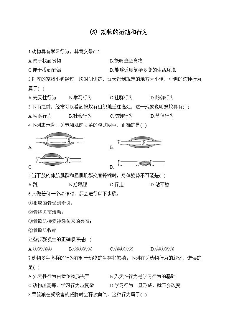 初中生物备考专题小练 （5）动物的运动和行为第1页
