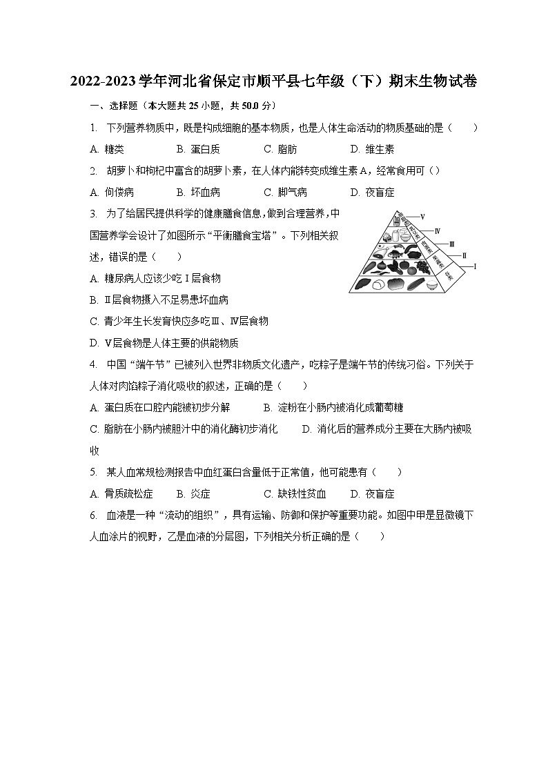 2022-2023学年河北省保定市顺平县七年级（下）期末生物试卷（含解析）第1页