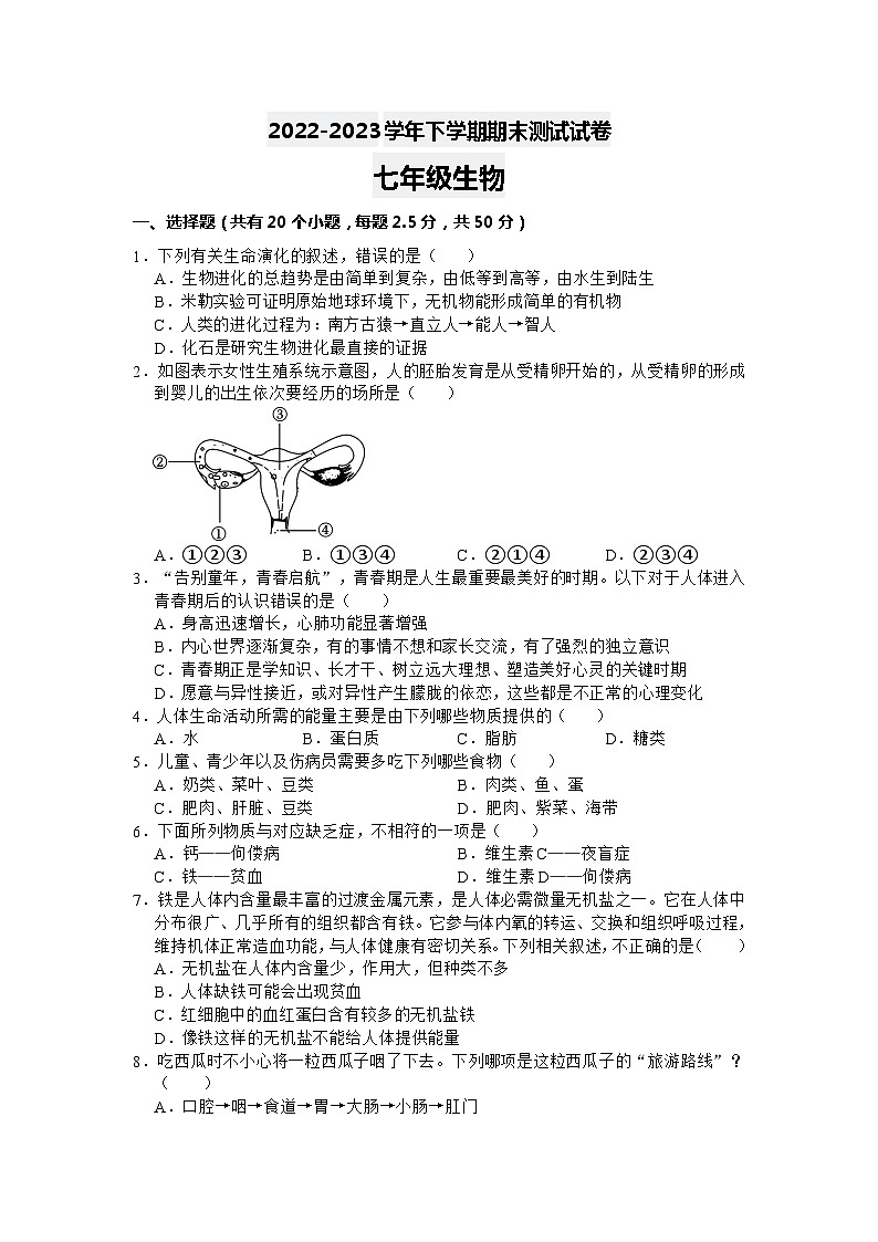 湖南省益阳市大通湖区两校2022-2023学年七年级下学期期末联考生物试卷（含答案）01