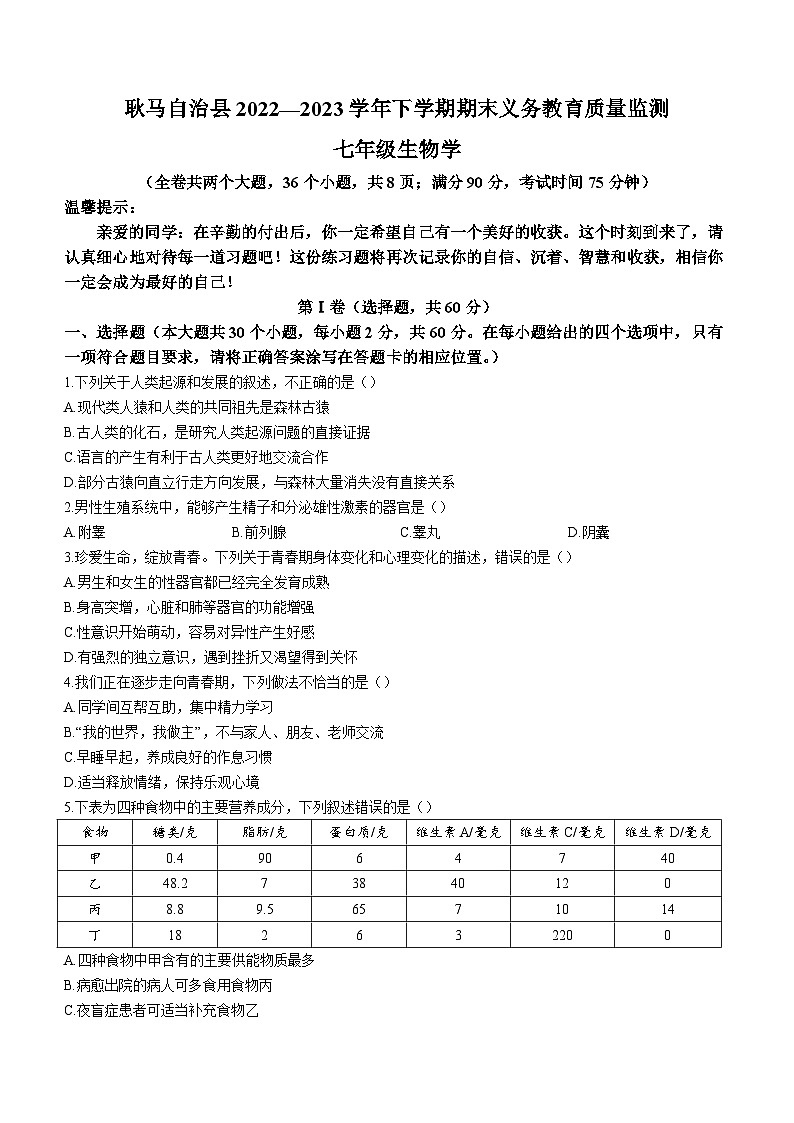 云南省临沧市耿马自治县2022-2023学年七年级下学期期末生物试题（含答案）01