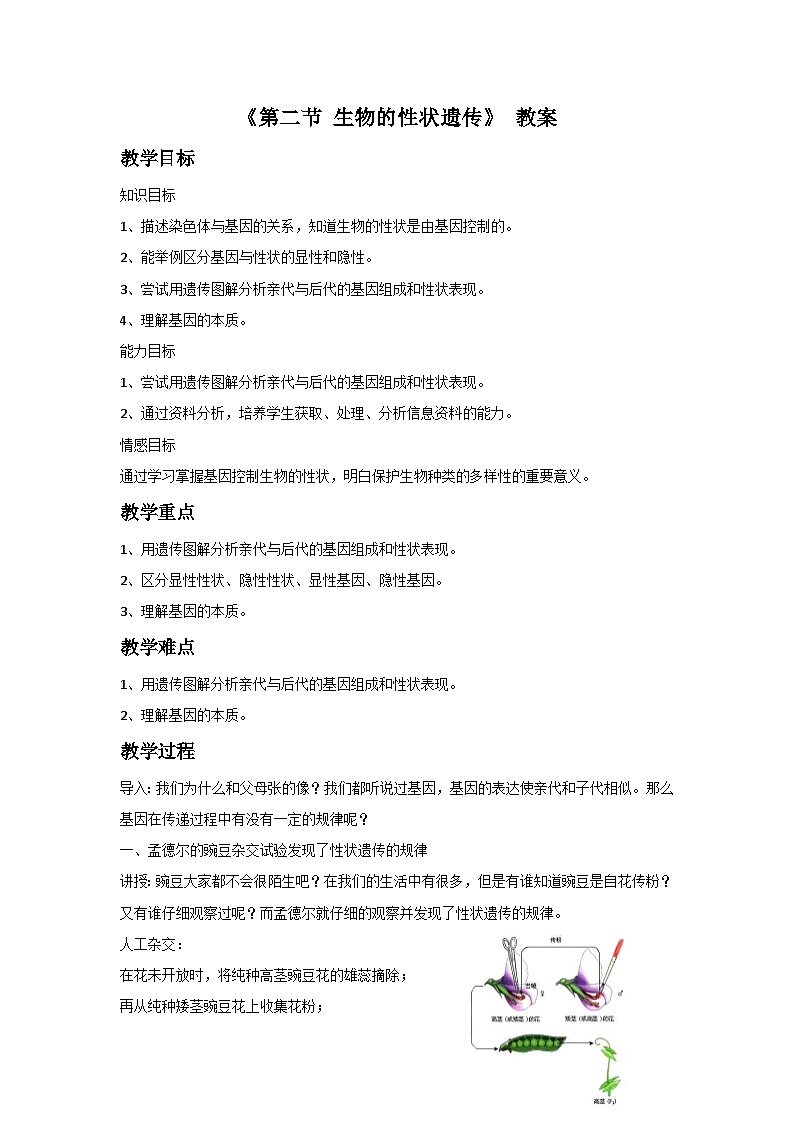 北京版八年级上册生物教案第十一章 第二节 生物的性状遗传 教案01