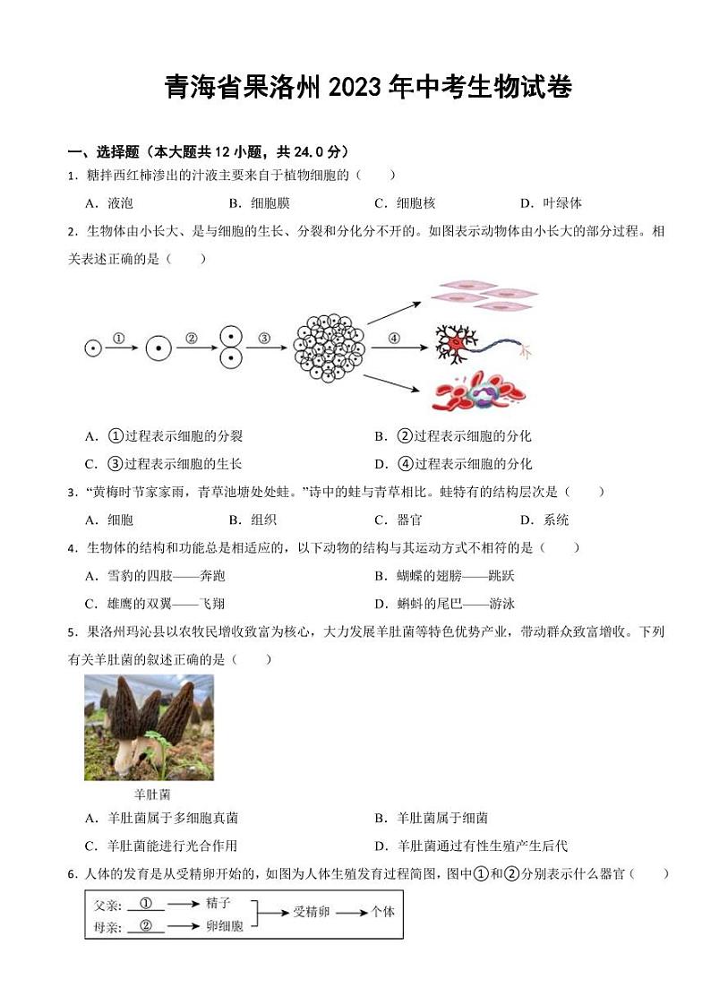 青海省果洛州2023年中考生物试卷(附参考答案)01