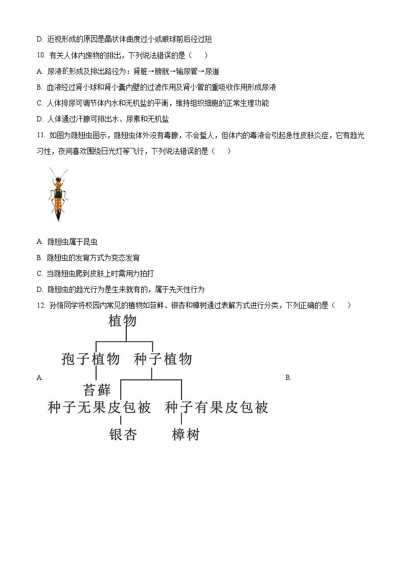 2023年湖南省株洲中考生物真题03