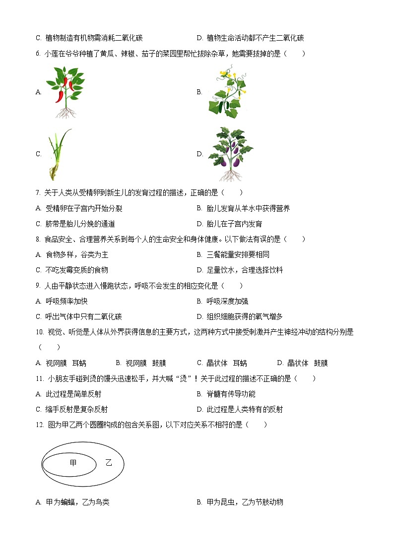 2023年湖南省岳阳市中考生物真题02