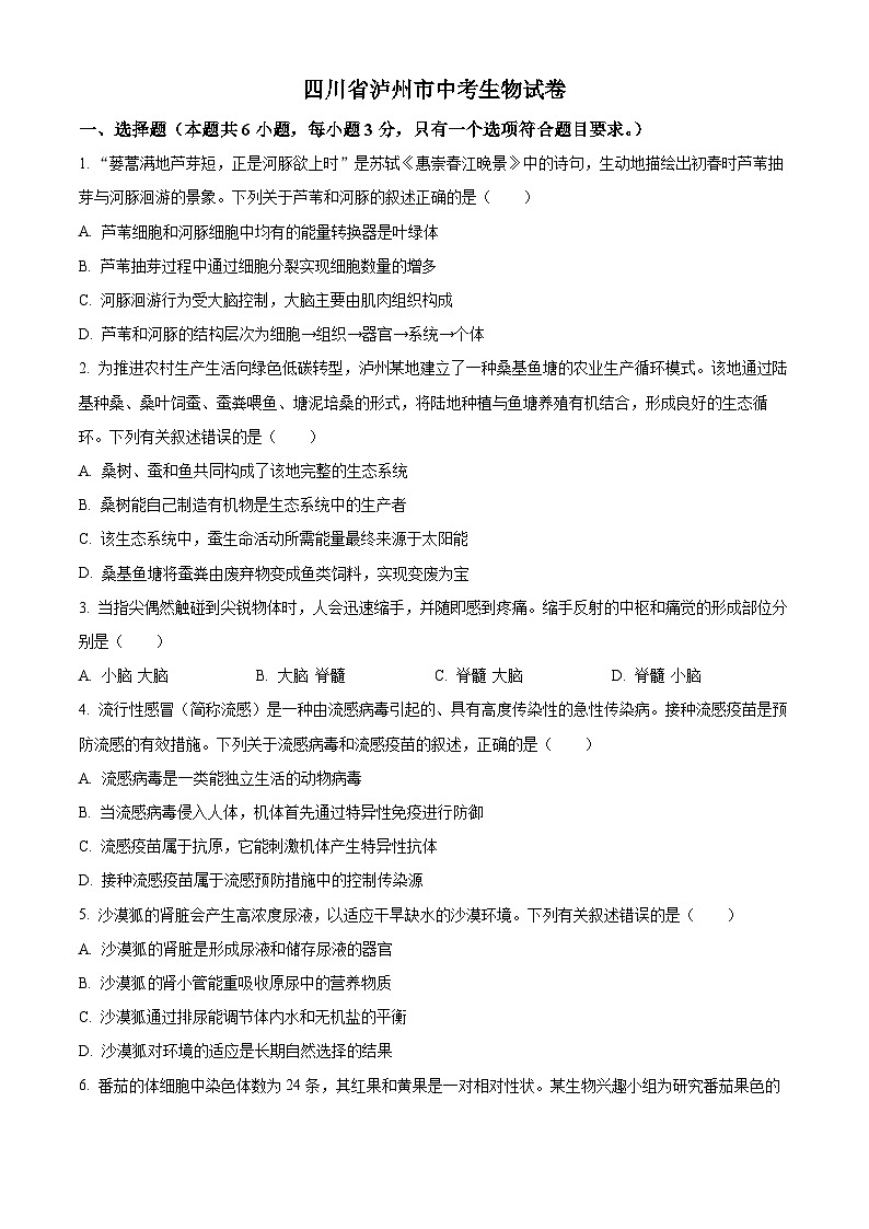 2023年四川省泸州市中考生物真题01