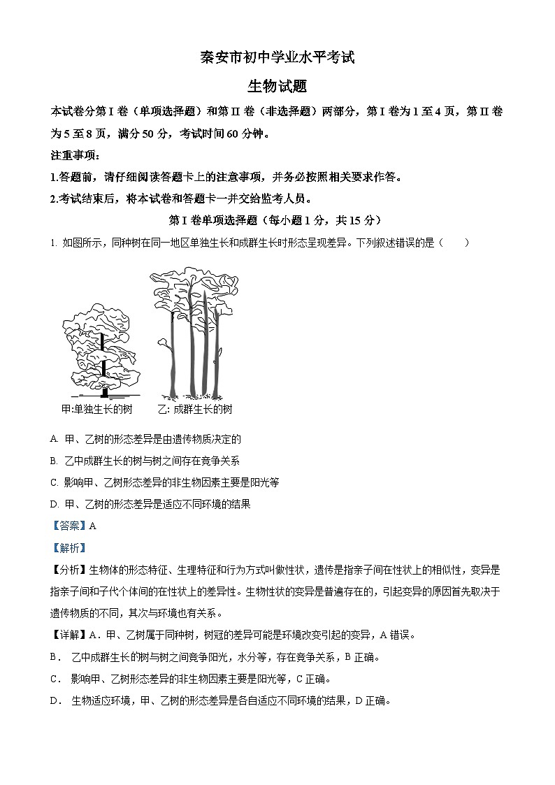 2023年山东省泰安市中考生物真题01
