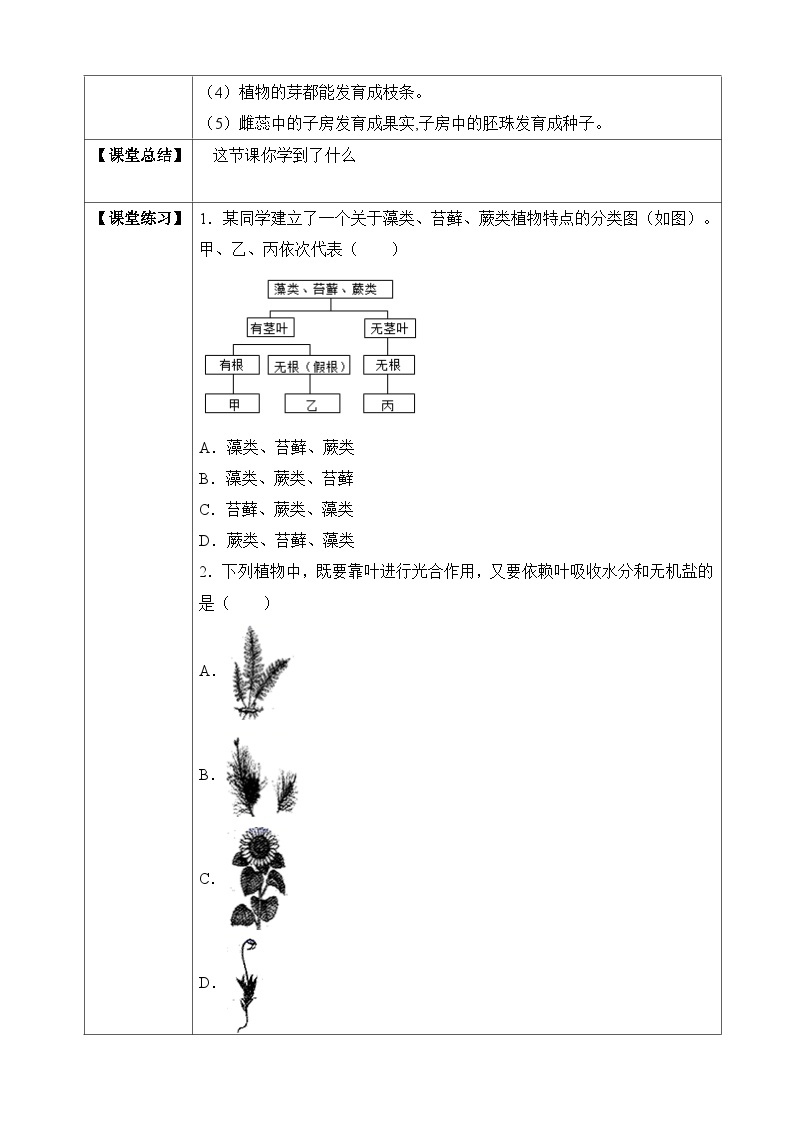 【济南版】生物 七年级上册 2.1.1 绿色植物的主要类群（含答案） 试卷02