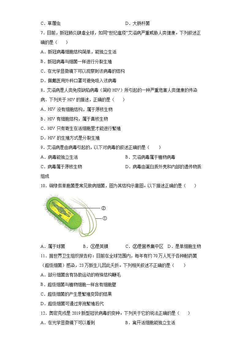 冀少版 初中生物 八年级上册 第5单元 第1章 细菌和病毒  (word版含答案） 试卷02