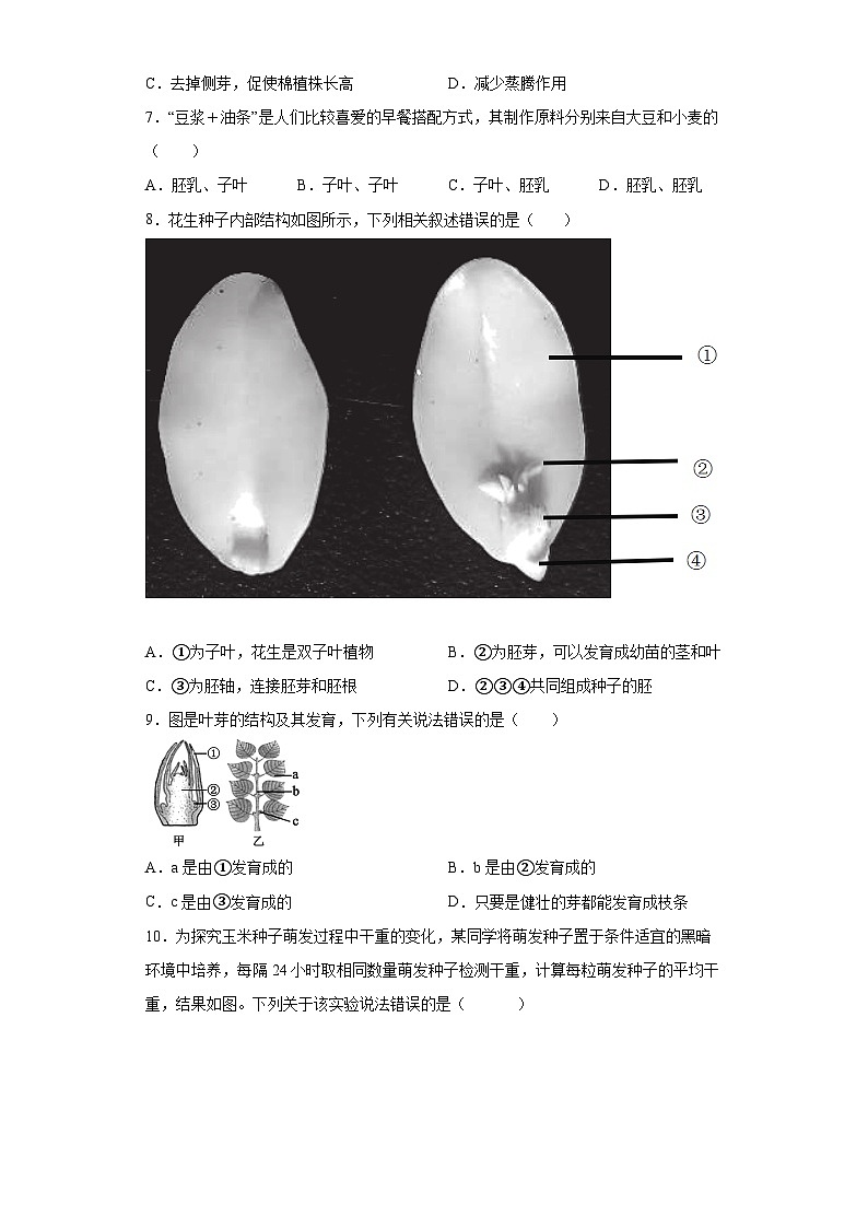 冀少版 初中生物 八年级上册 第三单元 第一章种子的萌发和芽的发育  (word版含答案） 试卷02
