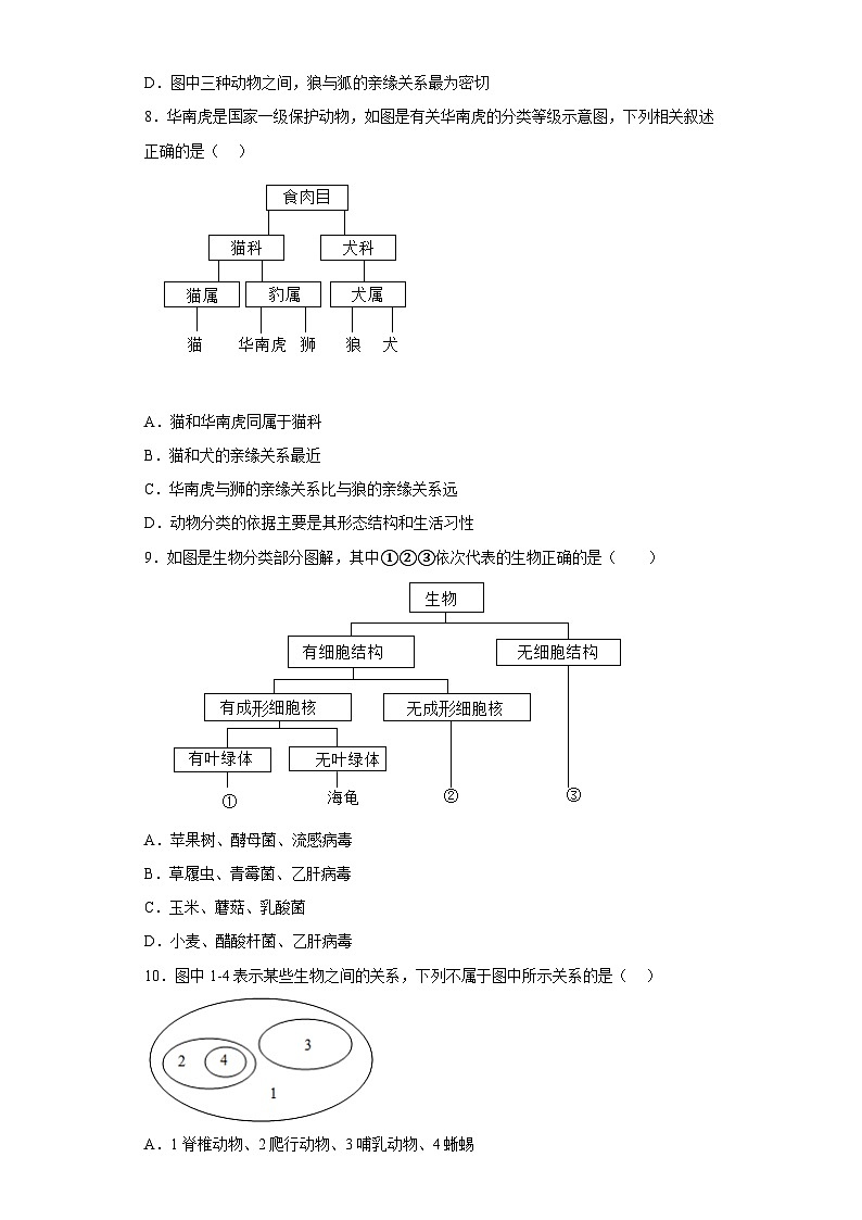 冀少版 初中生物 七年级上册 第一单元第5章生物的分类和鉴别 培优练习（含解析）03